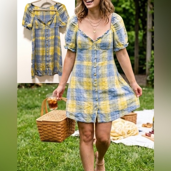 STAUD Amina Plaid Mini Dress - Blue & Yellow Gingham - Size 12 - Picture 2 of 9